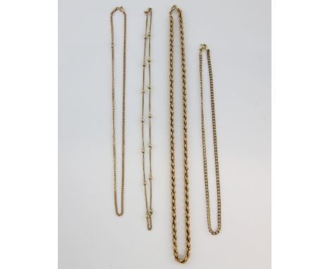 Four gold chains, vintage twisted rope chain, with bolt ring clasp measuring approximately 56cm in length, with London import