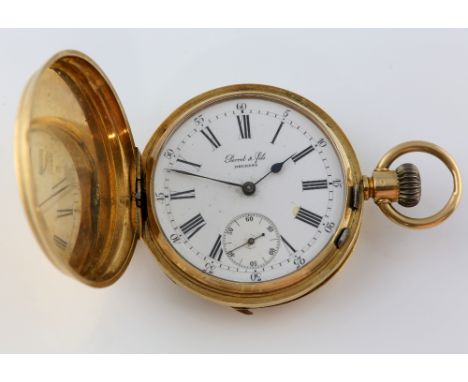 Full Hunter Perret & Fils Brenets gold pocket watch, enamel dial with Roman numerals, subsidiary dial and minute track,  with