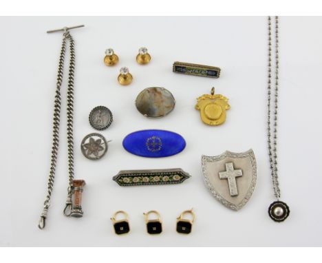 Group of items including a blue enamel brooch, micro mosaic brooch,  another with engraved cross within a shield other items 