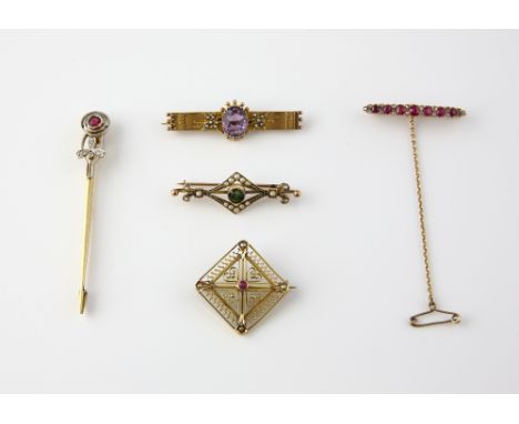 Collection of six  antique and vintage brooches, red paste and old cut diamond brooch, mounted in white and yellow metal test
