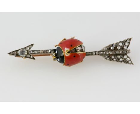 Ladybird and arrow diamond brooch, central enamel ladybird, set with old and rose cut diamonds, on rose cut diamond arrow, es