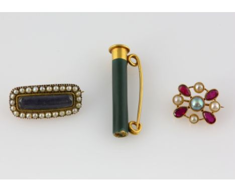 Three brooches, ruby and pearl brooch, central round grey pearl, measuring approximately 5.5mm in diameter, set with four whi