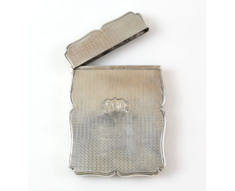 Victorian silver card case by Nathaniel Mills, Birmingham 1843, shaped oblong with engine turned decoration and monogrammed c