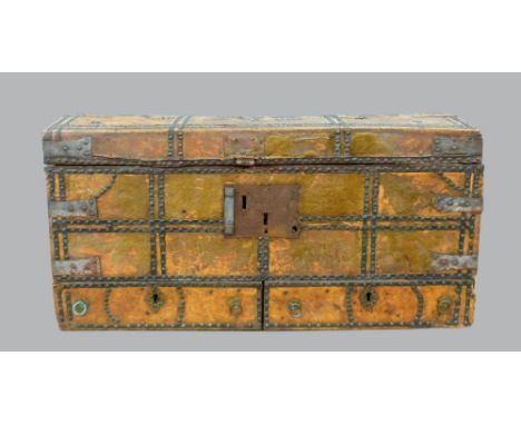 17th Century pony skin clad and studded trunk with slightly domed top  dated 1697  and monogrammed R. S 