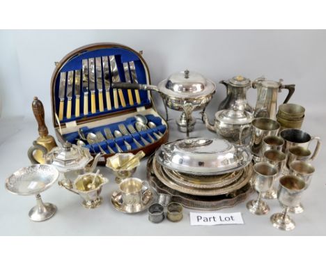 Collection of silver plated wares to include entree dishes and covers, flatware, three piece tea service, a pair of ebony han