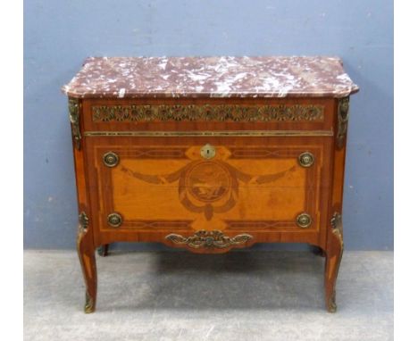 20th century French Rosewood and marquetry inlaid marble topped commode, with gilt metal mounts, 80cm x 94cm 