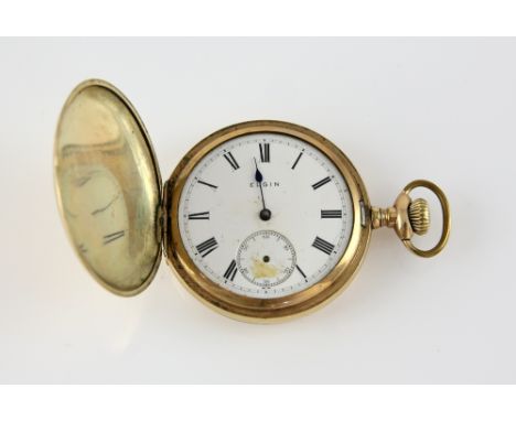 Elgin pocket watch, white enamel dial with Roman numerals, subsidiary dial and minute track, seven jewels mechanical movement