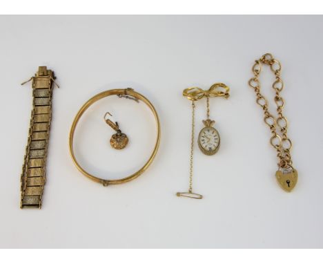 Collection of gold items, vintage fancy link bracelet with padlock clasp, in 9 ct hallmarked London 1977, with an engraved pa