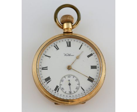 Open faced Waltham pocket watch, white enamel dial with Roman numerals, subsidiary dial and minute track, in a Star gold plat