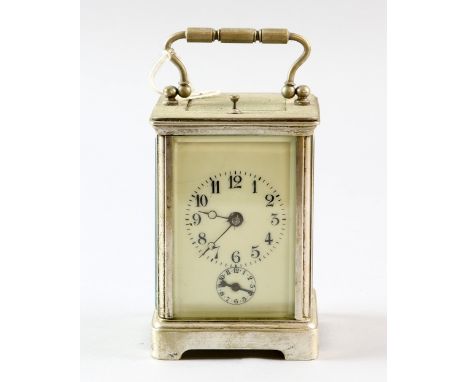 Early 20th Century silver plate and glass repeating carriage clock, with subsidiary alarm dial 16 cm 