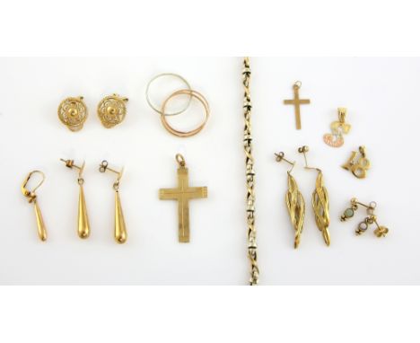 A group of gold jewellery including a three colour gold ring, two colour gold bracelet, earrings and pendant, all 9 ct PROVEN