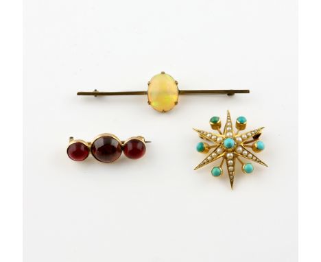 Three gem set brooches, opal bar brooch, set with oval cabochon cut opal, estimated total weight 5.00 carats, mounted in 9 ct