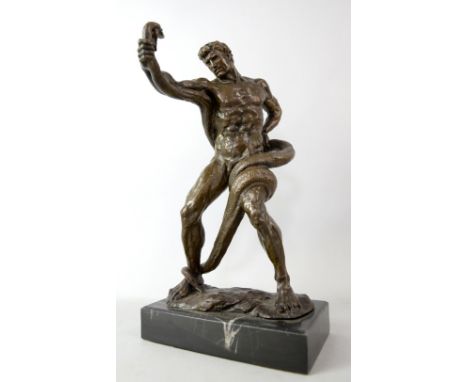 After Frederick Lord Leighton. Athlete wrestling a python. Bronze sculpture on a marble base. Indistinctly signed ‘Massey’ Ea