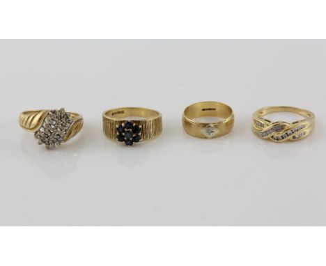 Four gold rings, woven ring set with baguette cut and round brilliant cut diamonds, mounted in yellow metal stamped 14 ct, si