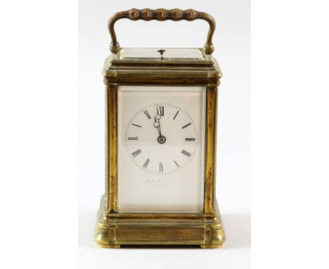 19th Century brass and glass repeating carriage clock with lever escapement striking on a bell 16 cm 