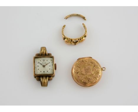 Gold oval locket, in 9 ct hallmarked Chester 1918, measuring approximately 2.5 x 2.2cm, with 1940's ladies Otis wristwatch, 1