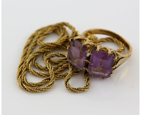 Rope chain, in yellow metal stamped 18 ct, measuring approximately 45cm in length, and an amethyst ring, set with two rectang