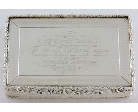 Victorian silver table snuff box with engine turned and moulded foliate decoration, engraved with inscription 'Presented to M