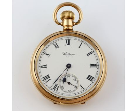 Waltham open face pocket watch, white enamel dial with Roman numerals, subsidiary dial and minute tracker, with A.W.W.Co Walt