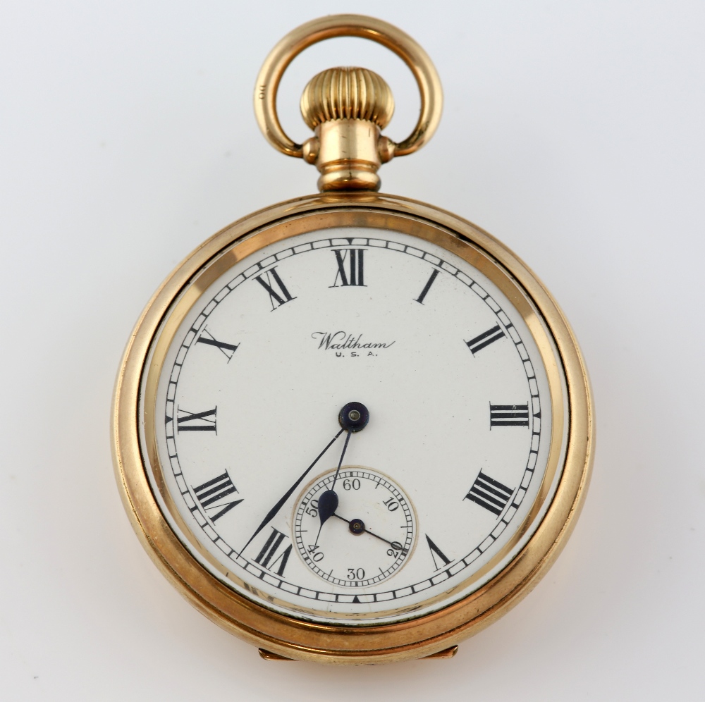 Waltham open face pocket watch, white enamel dial with Roman numerals