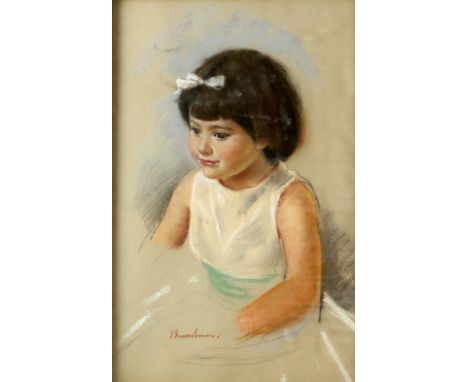 Sam Morse-Brown (British, 1903-2001) portrait of a young girl with a white bow in her hair, signed, pastel, 54cm x 35.5cm,.  