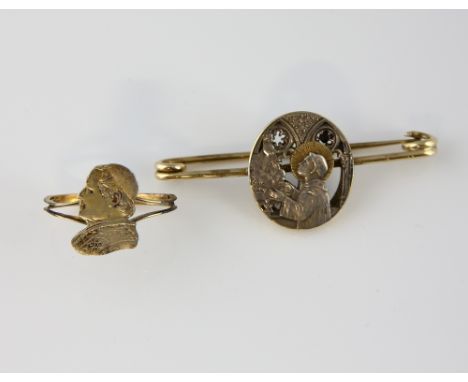 Oval cathedral scene bar brooch, central pierced panel depicts angel visiting priest, mounted in yellow and white metal testi