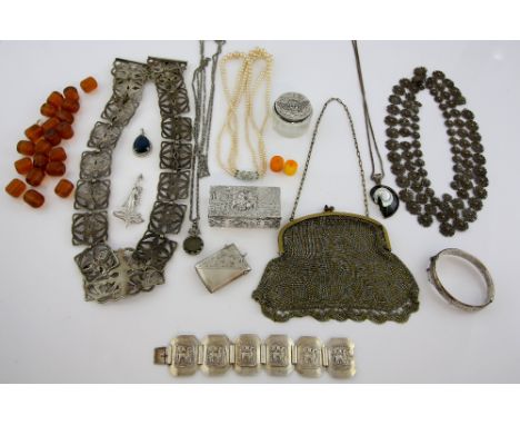 Collection of costume jewellery, including silver brooch of a lady hallmarked London 2005, Peruvian bracelet in white metal s