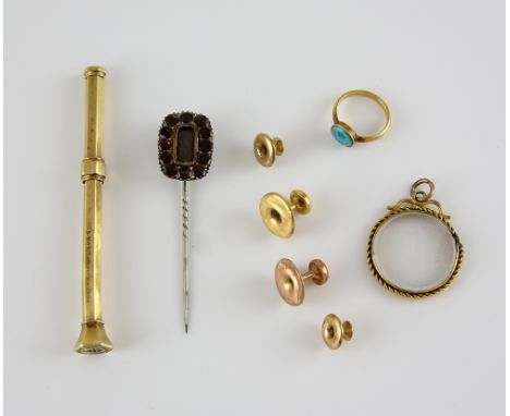 A mixed group of gold items, turquoise intaglio ring, mounted in yellow metal testing as 18 ct, size H, with a dress stud, st