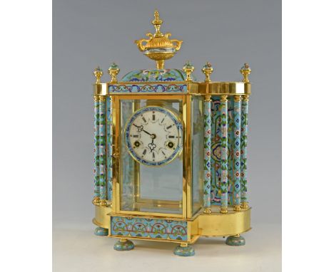 Chinese made, late 19th century French style champleve enamel and brass mantel clock with eight day movement, painted face, w