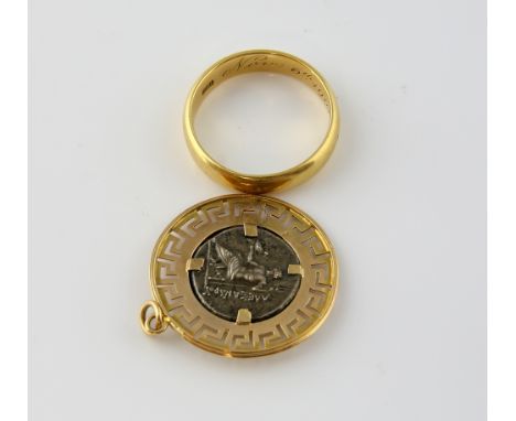 Gold wedding band, 18 ct with internal inscription dated 1901, ring size W, and a coin in yellow metal stamped 18 ct.   weddi