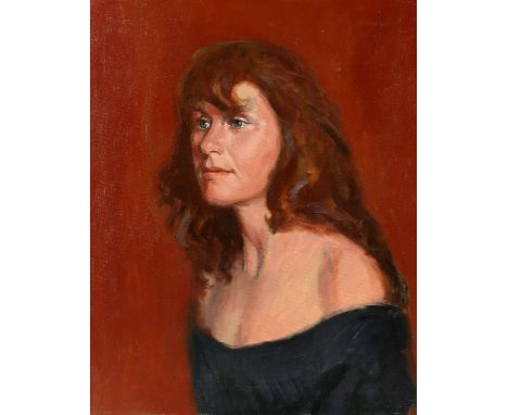 Peter Wardle (British, b.1929) bust-length portrait of a lady with red hair, unsigned, oil on canvas, 55.5cm x 45.5cm,PROVENA