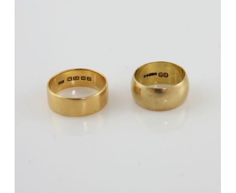 Two rings, 1920's wedding band, in 18 ct, hallmarked Birmingham 1925, size V and plain ring in 9 ct, size Q.   