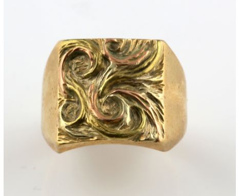 Vintage signet ring, scrolled detailed square head, in 9 ct, hallmarked Birmingham 1972, size S.   Gross weight 13.8 grams