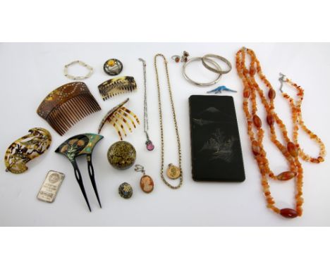 French paste necklace, mounted in white metal testing as sliver, with Engelhard silver 1 troy oz ingot, silver brooch, cameo 