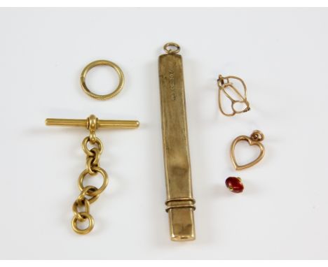 Group of mainly gold items, Victorian T-bar clasp and six links, in 18 ct yellow gold, red enamel mushroom charm in yellow me