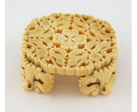 19th Century Japanese ivory stand carved with repeating foliate forms  4 x 10 cm,PLEASE NOTE: THIS ITEM CONTAINS OR IS MADE O