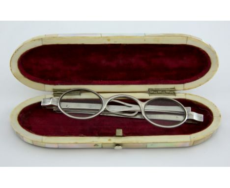 Pair of George III silver spectacles, by John Godfrey, Birmingham, 1819, in a ivory, mother-of-pearl and abalone inlaid and v