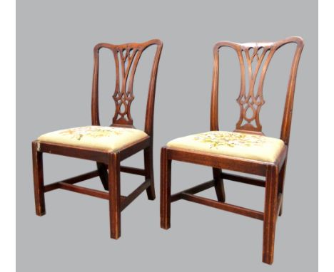 Set of six 19th Century mahogany Chippendale style dining chairs with pierced  splat backs, tapestry seats on square legs and
