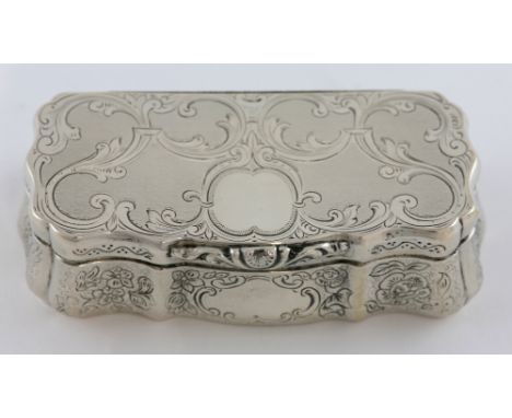 Austrian silver snuff box of serpentine form with engraved scrolling and engine turned decoration, maker's mark 'JP', c. 1859