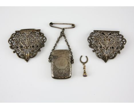 Edwardian silver nurses buckle, Birm 1902,  Victorian silver vesta case 1897 by Cornelius Desormeaux Saunders & James Francis