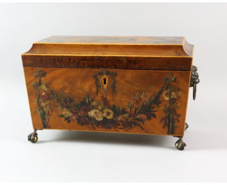 Sheraton revival satinwood two canister tea caddy with painted cartouche of a sleeping cupid and floral swags, 32cm wide, 16c