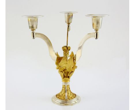 Modern silver and silver gilt three light candelabra commemorating the wedding of The Prince of Wales and Lady Diana Spencer,