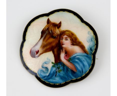 Early 20th enamel brooch, painting of maiden and horse in hexafoil outline, mounted in white metal stamped 925, makers mark G