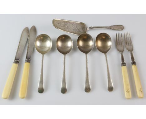 Set of four George VI silver Old English pattern soup spoons, by Viner's Ltd., Sheffield, 1947, Continental silver cake slice