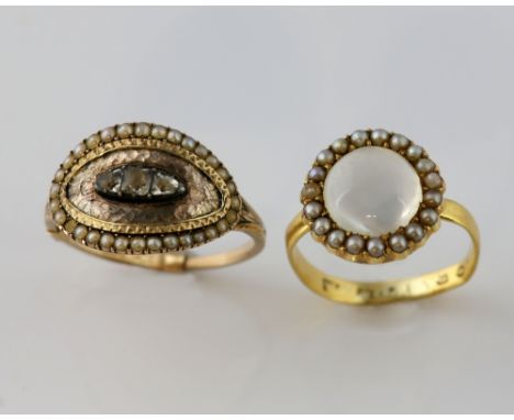Victorian moonstone and seed pearl cluster ring, mounted in yellow metal testing as 18 ct , size L and a Georgian ring, set w