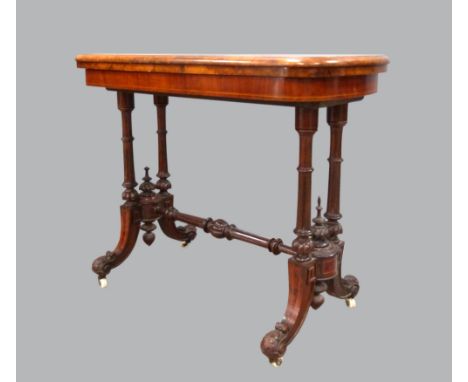 19th Century burr walnut and Amboina folding card table on twin end supports united by stretcher  74 x 92 cm 