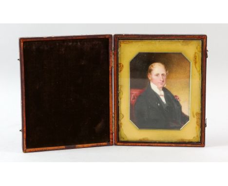 19th portrait miniature of a gentleman in a black jacket, on ivory, in leather presentation case, 16 x 13 cm,PLEASE NOTE: THI