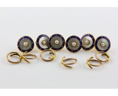 Set of six dress buttons, central round white pearl, set on a round section of mother of pearl, set in a border of blue white
