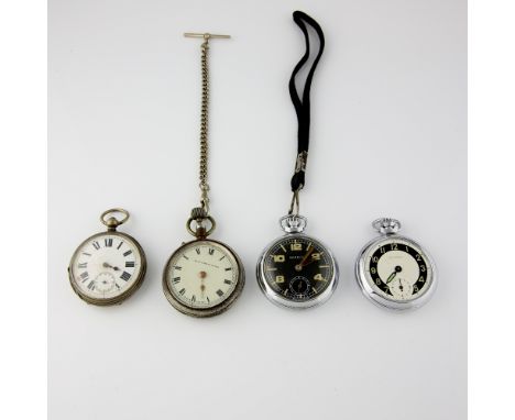 Four pocket watches, silver pocket watch, white enamel dial with Roman numerals and subsidiary dial, two Ingersoll pocket wat