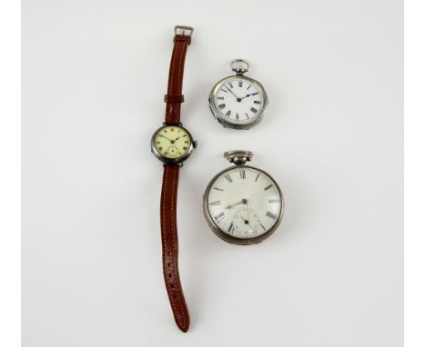 Victorian open faced silver pocket watch, white enamel dial with Roman numerals subsidiary dial and minute track, with fusee 